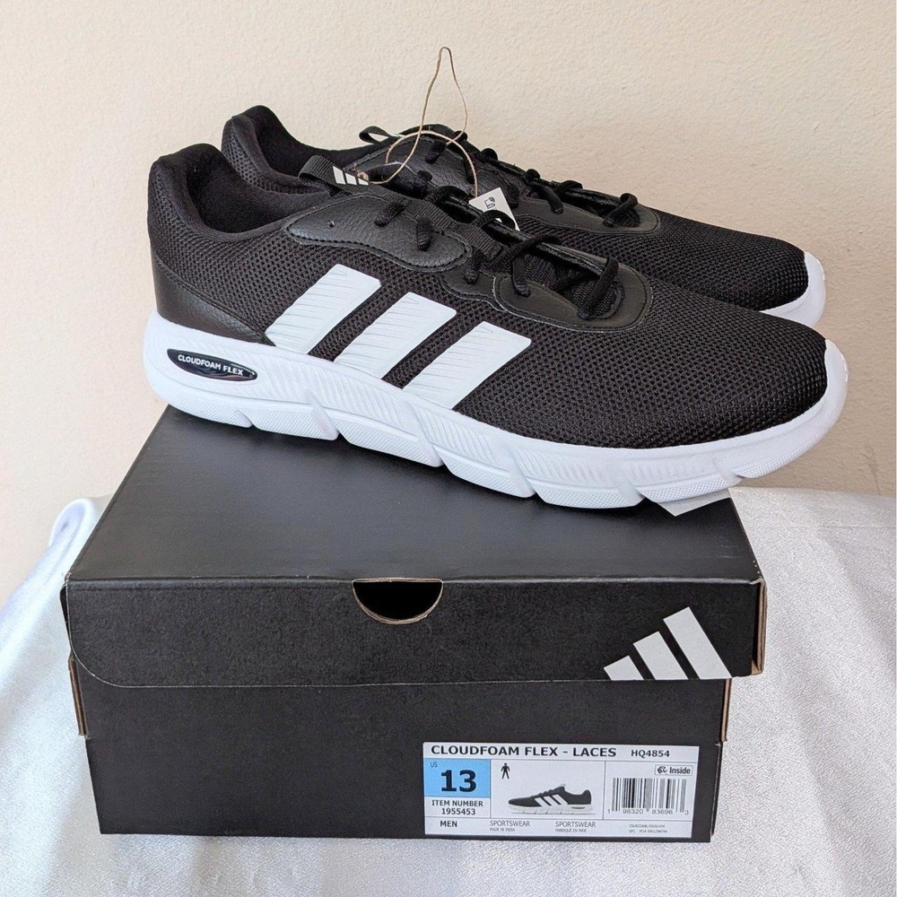 New Adidas Men's Cloudfoam Flex Sneaker Shoes Wide Fit Black White Size 13